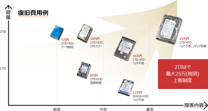 HDD復旧の費用例(2TBまで最大25万円上限)
